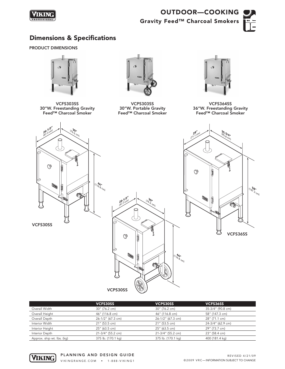 Outdoor—cooking, Dimensions & specifications, Gravity feed™ charcoal smokers | Vcfs36ss | Viking VCPS303SS User Manual | Page 2 / 4