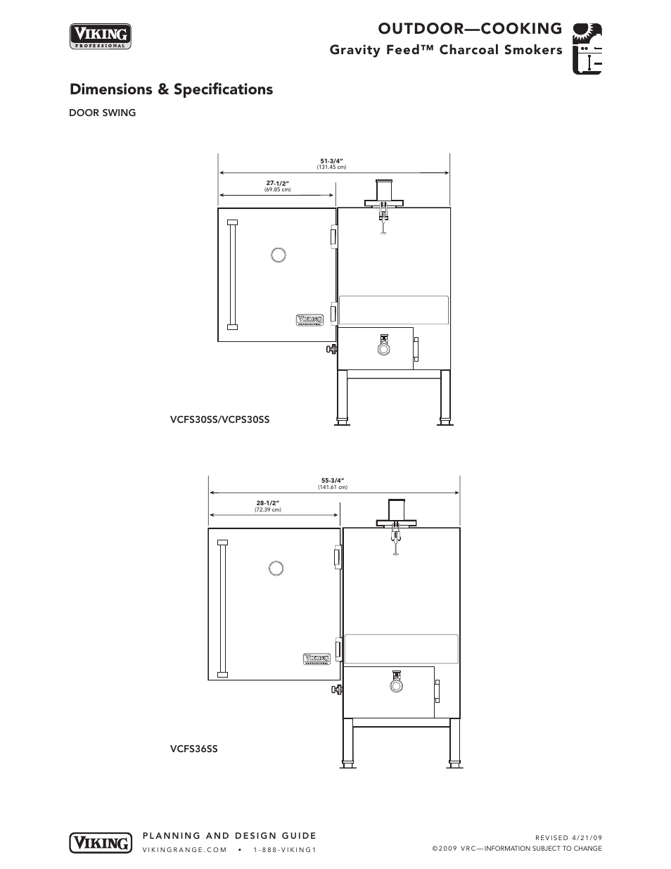 Outdoor—cooking, Dimensions & specifications, Gravity feed™ charcoal smokers | Viking VCPS303SS User Manual | Page 3 / 4