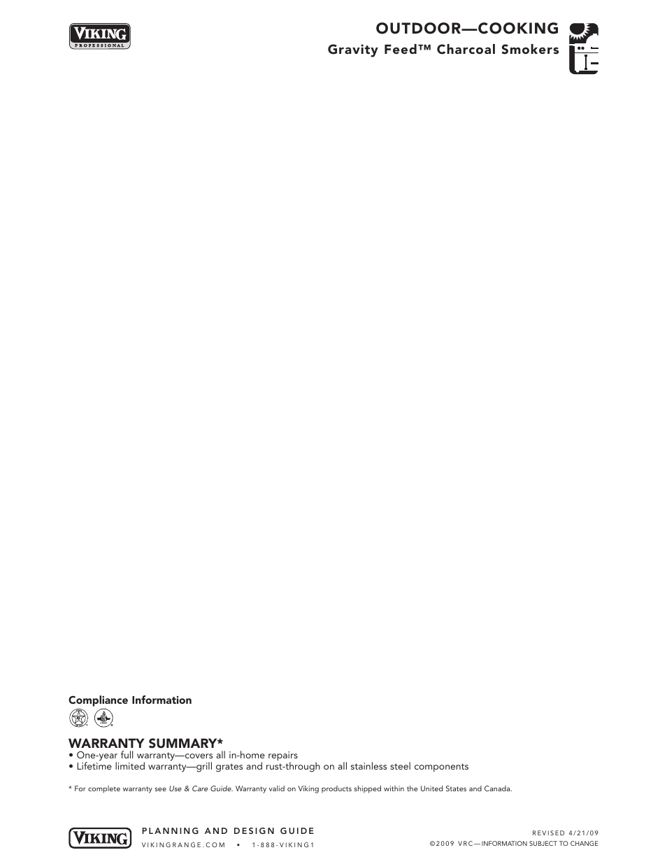 Outdoor—cooking, Gravity feed™ charcoal smokers, Warranty summary | Viking VCPS303SS User Manual | Page 4 / 4