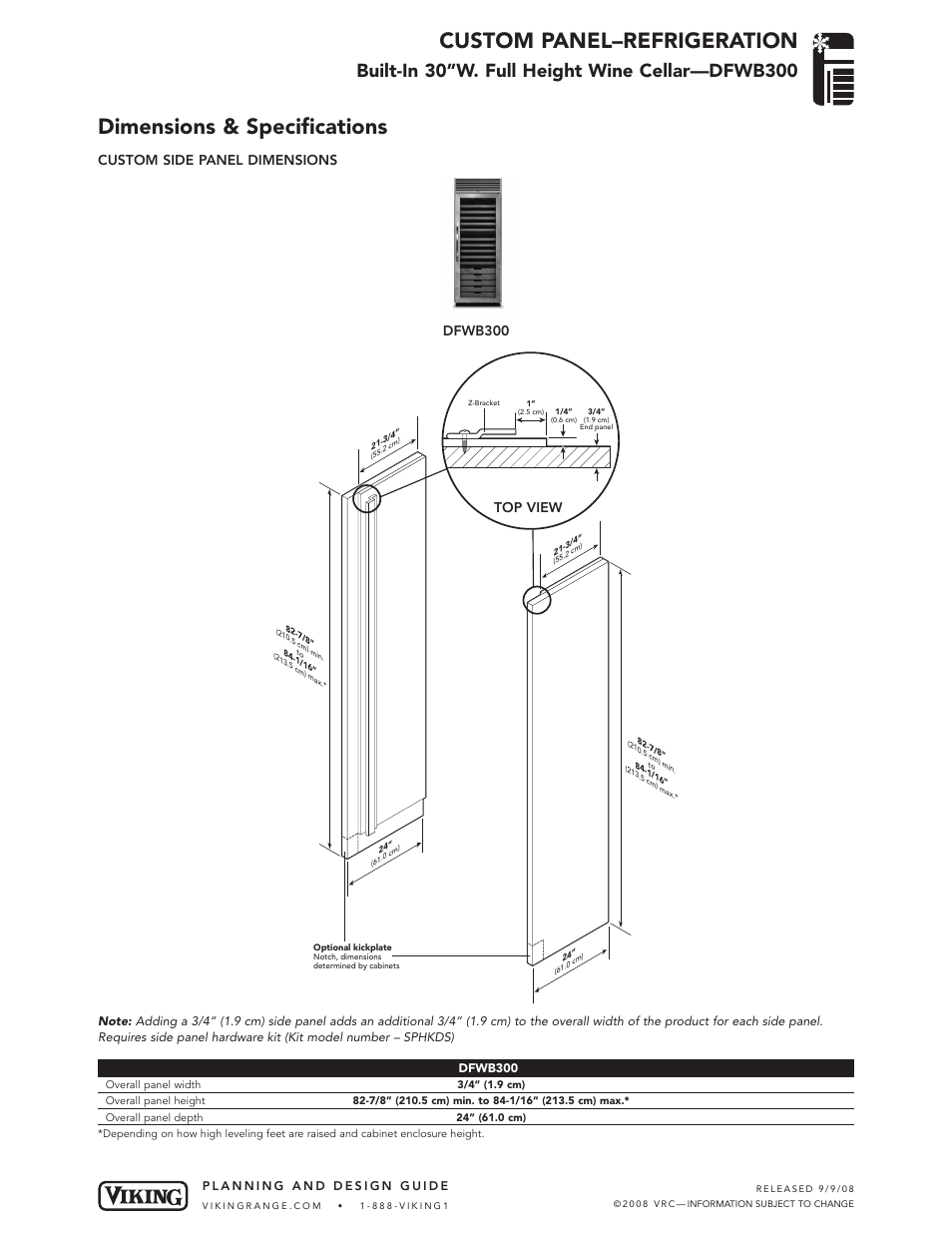 Custom panel–refrigeration, Dimensions & specifications, Custom side panel dimensions dfwb300 top view | Viking DFWB300 User Manual | Page 2 / 3