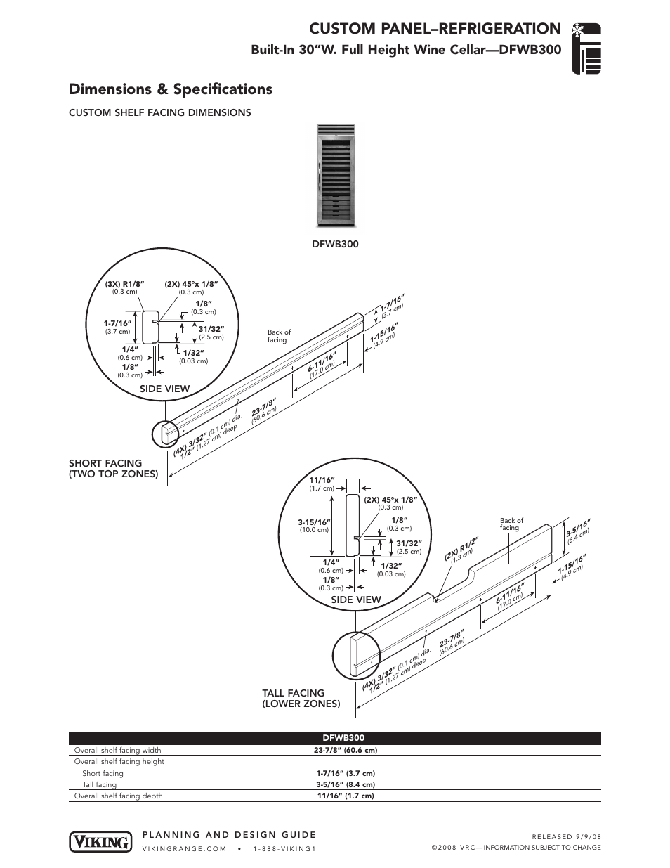 Custom panel–refrigeration, Dimensions & specifications, Dfwb300 | Side view | Viking DFWB300 User Manual | Page 3 / 3