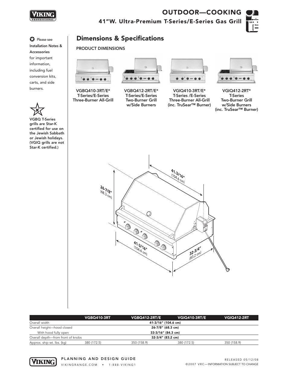 Outdoor—cooking, Dimensions & specifications, 41”w. ultra-premium t-series/e-series gas grill | Viking VGIQ412-2RT* User Manual | Page 3 / 8