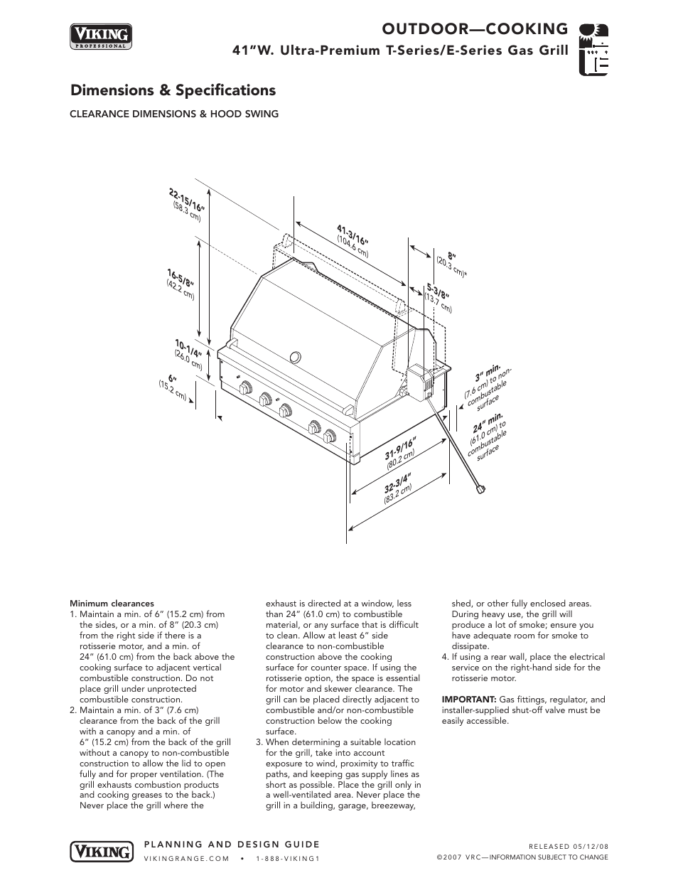 Outdoor—cooking, Dimensions & specifications, 41”w. ultra-premium t-series/e-series gas grill | Viking VGIQ412-2RT* User Manual | Page 4 / 8