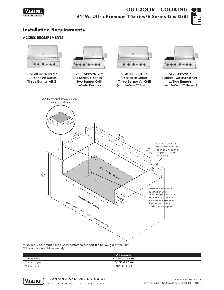 Outdoor—cooking, Installation requirements, 41”w. ultra-premium t-series/e-series gas grill | Viking VGIQ412-2RT* User Manual | Page 5 / 8