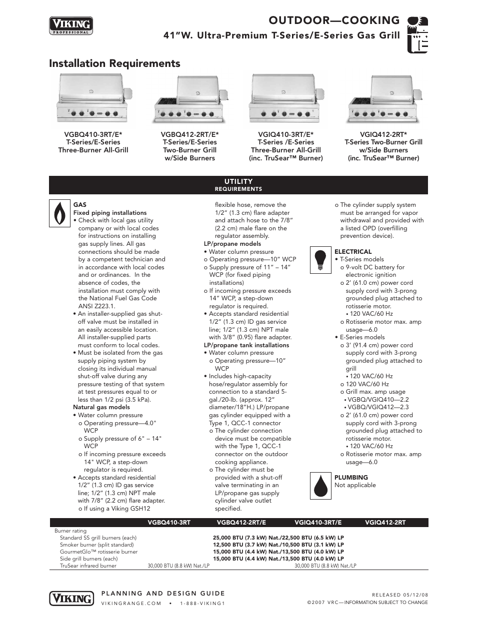Outdoor—cooking, Installation requirements, 41”w. ultra-premium t-series/e-series gas grill | Viking VGIQ412-2RT* User Manual | Page 6 / 8