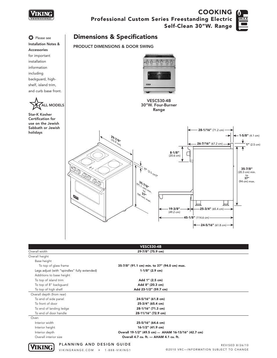 Cooking, Dimensions & specifications | Viking VESC30-4B User Manual | Page 2 / 5