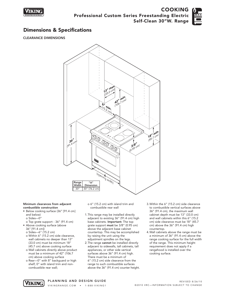 Cooking, Dimensions & specifications | Viking VESC30-4B User Manual | Page 3 / 5