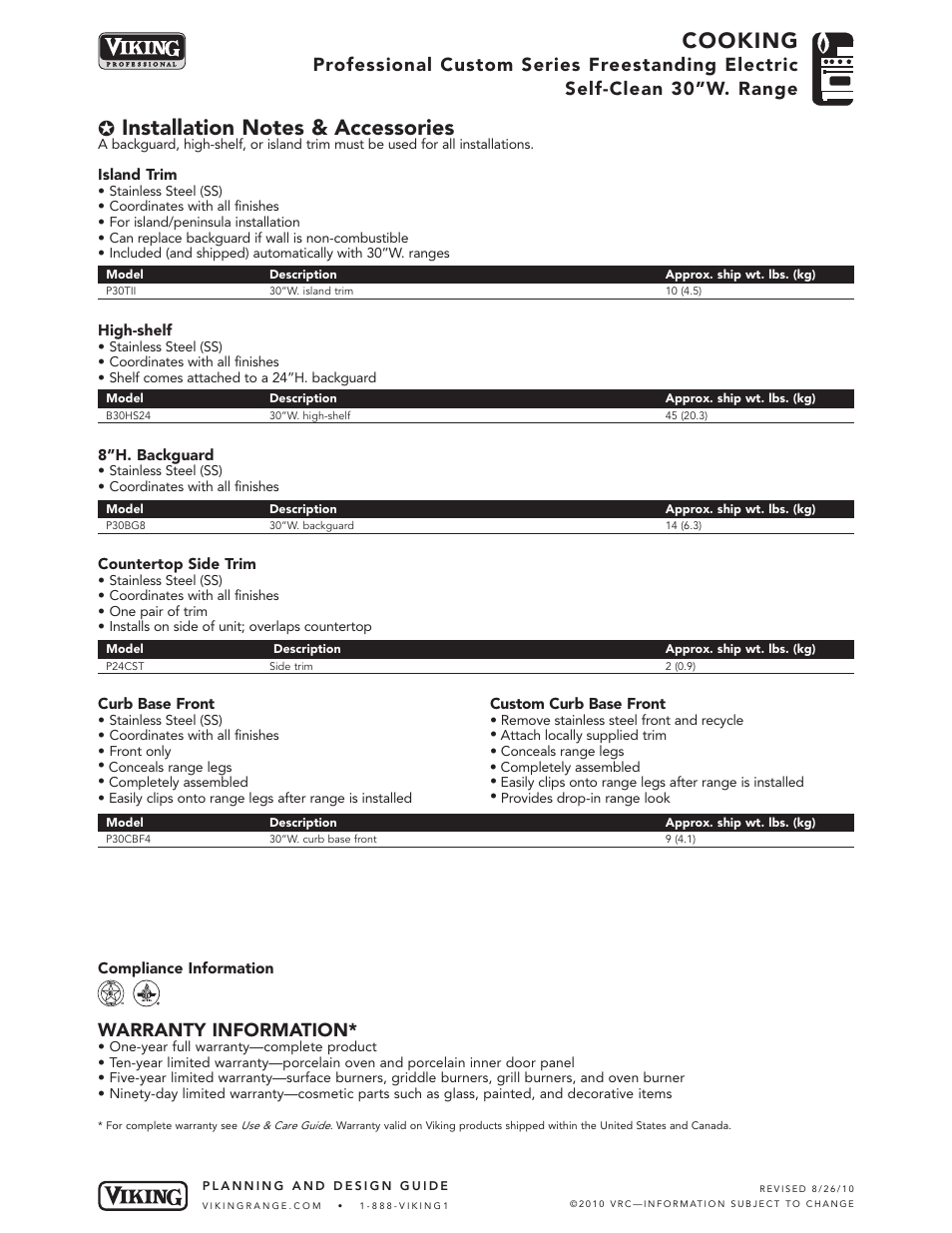 Cooking, Warranty information | Viking VESC30-4B User Manual | Page 5 / 5