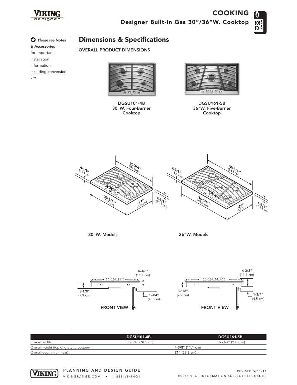 Cooking, Dimensions & specifications, Designer built-in gas 30”/36”w. cooktop | Viking DGSU100-4B User Manual | Page 2 / 5