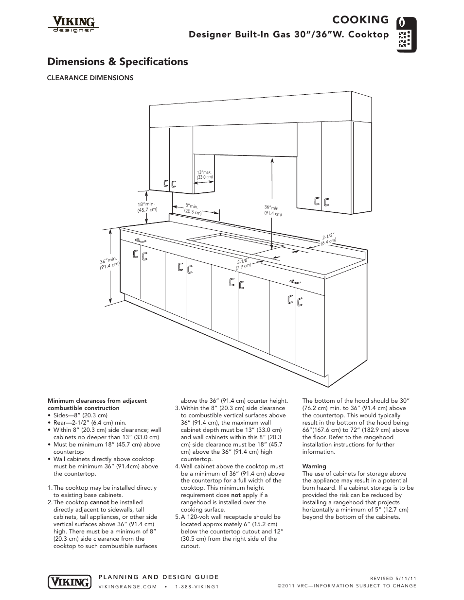Cooking, Dimensions & specifications, Designer built-in gas 30”/36”w. cooktop | Viking DGSU100-4B User Manual | Page 3 / 5