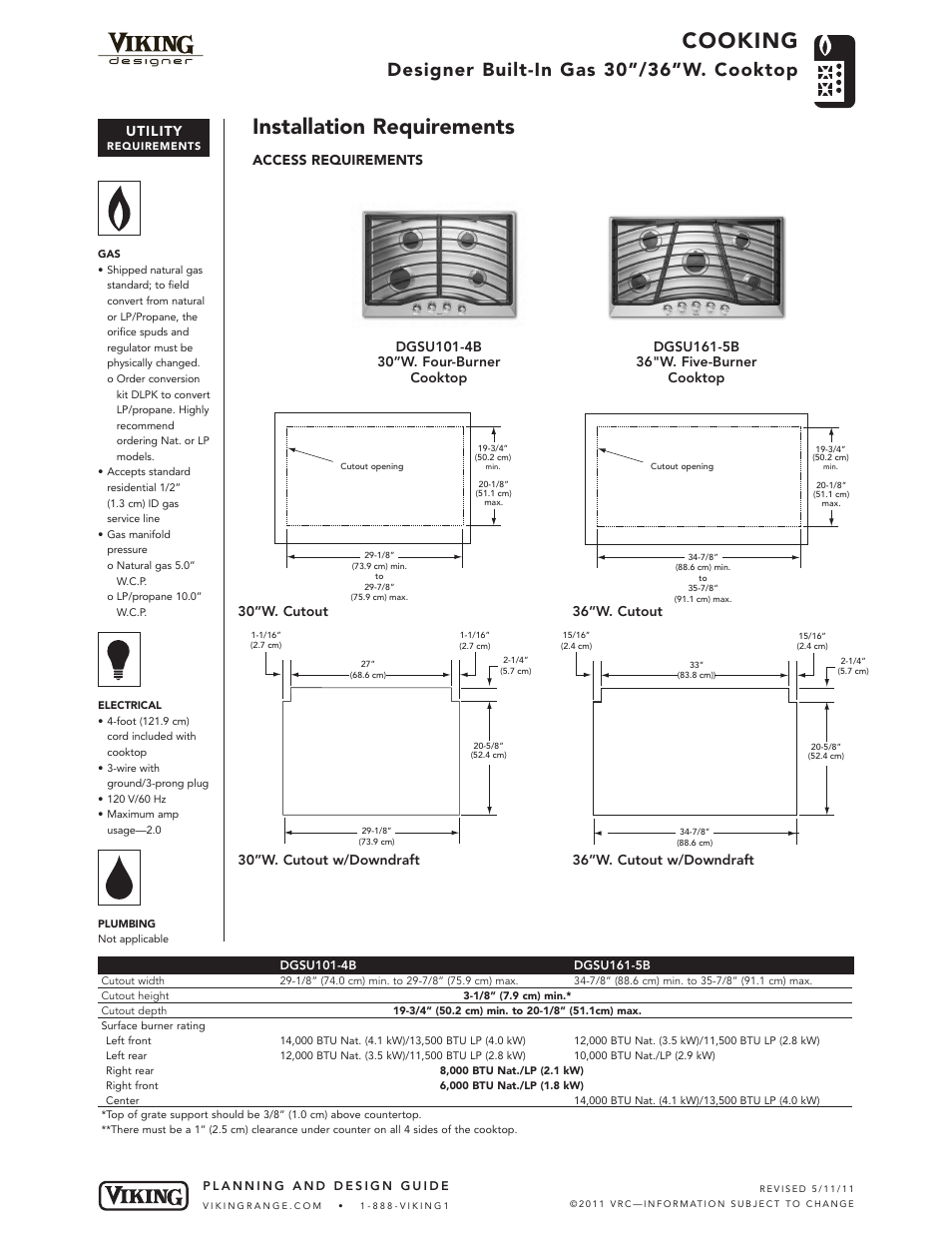 Cooking, Installation requirements, Designer built-in gas 30”/36”w. cooktop | Utility | Viking DGSU100-4B User Manual | Page 4 / 5