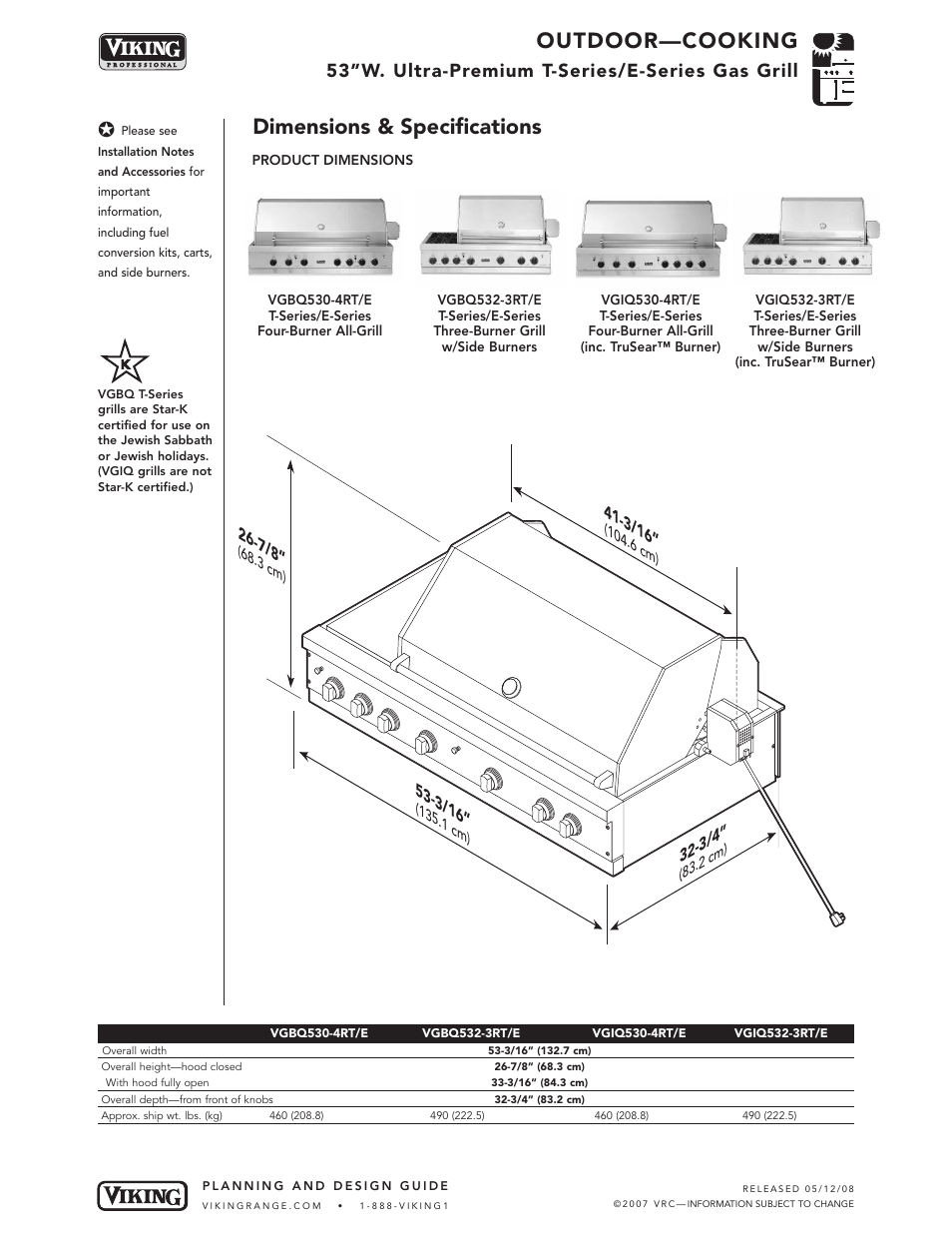 Outdoor—cooking, Dimensions & specifications, 53”w. ultra-premium t-series/e-series gas grill | Viking T-Series User Manual | Page 2 / 7