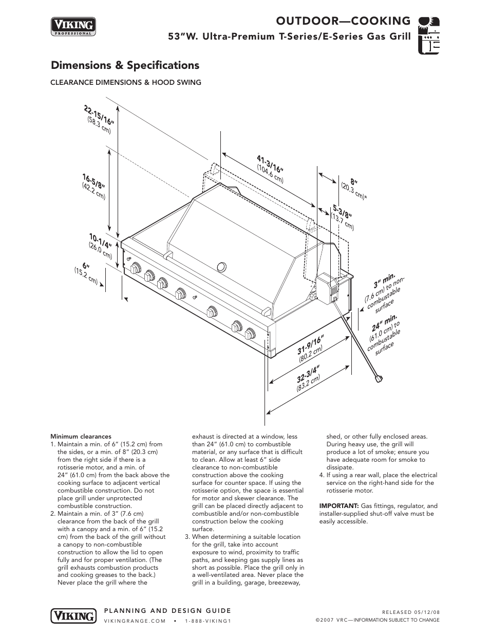 Outdoor—cooking, Dimensions & specifications, 53”w. ultra-premium t-series/e-series gas grill | Viking T-Series User Manual | Page 3 / 7