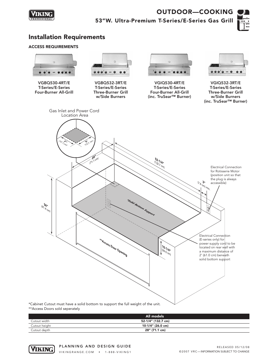 Outdoor—cooking, Installation requirements, 53”w. ultra-premium t-series/e-series gas grill | Viking T-Series User Manual | Page 4 / 7