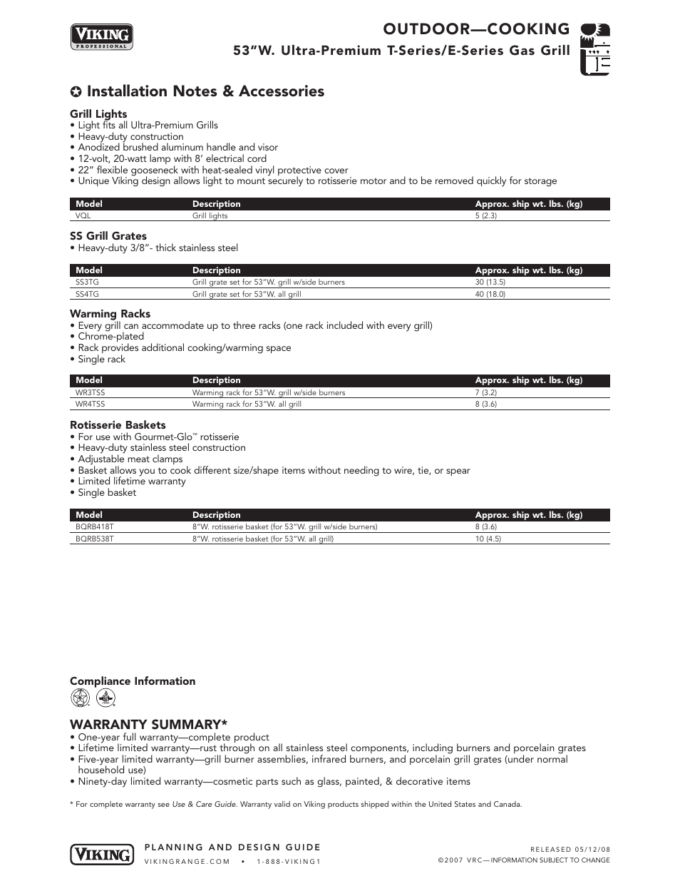 Outdoor—cooking, 53”w. ultra-premium t-series/e-series gas grill, Warranty summary | Viking T-Series User Manual | Page 7 / 7