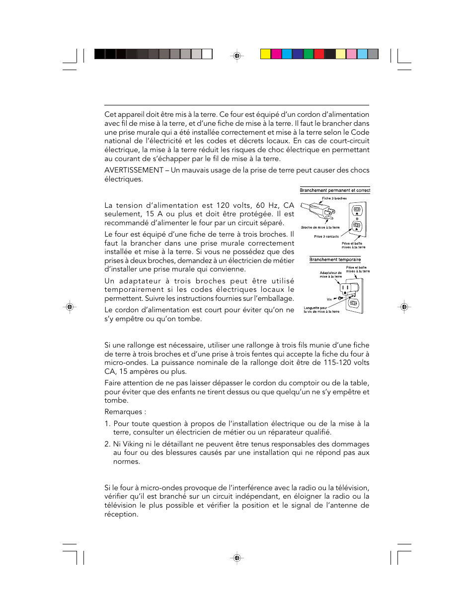 Instructions de mise à la terre | Viking F20303 User Manual | Page 47 / 128