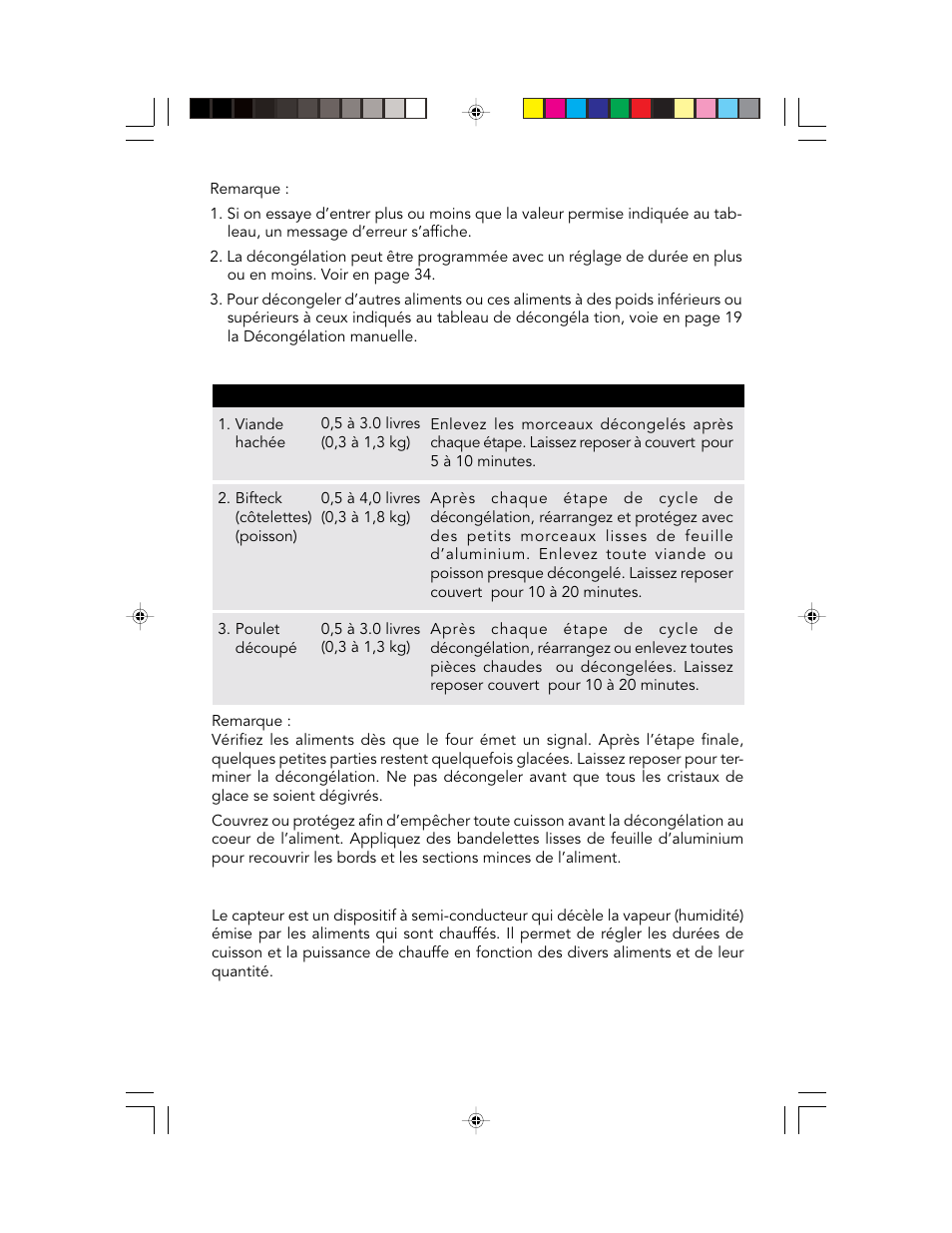 Sensor cooking (cuisson au capteur), Tableau defrost (décongélation) | Viking F20303 User Manual | Page 61 / 128