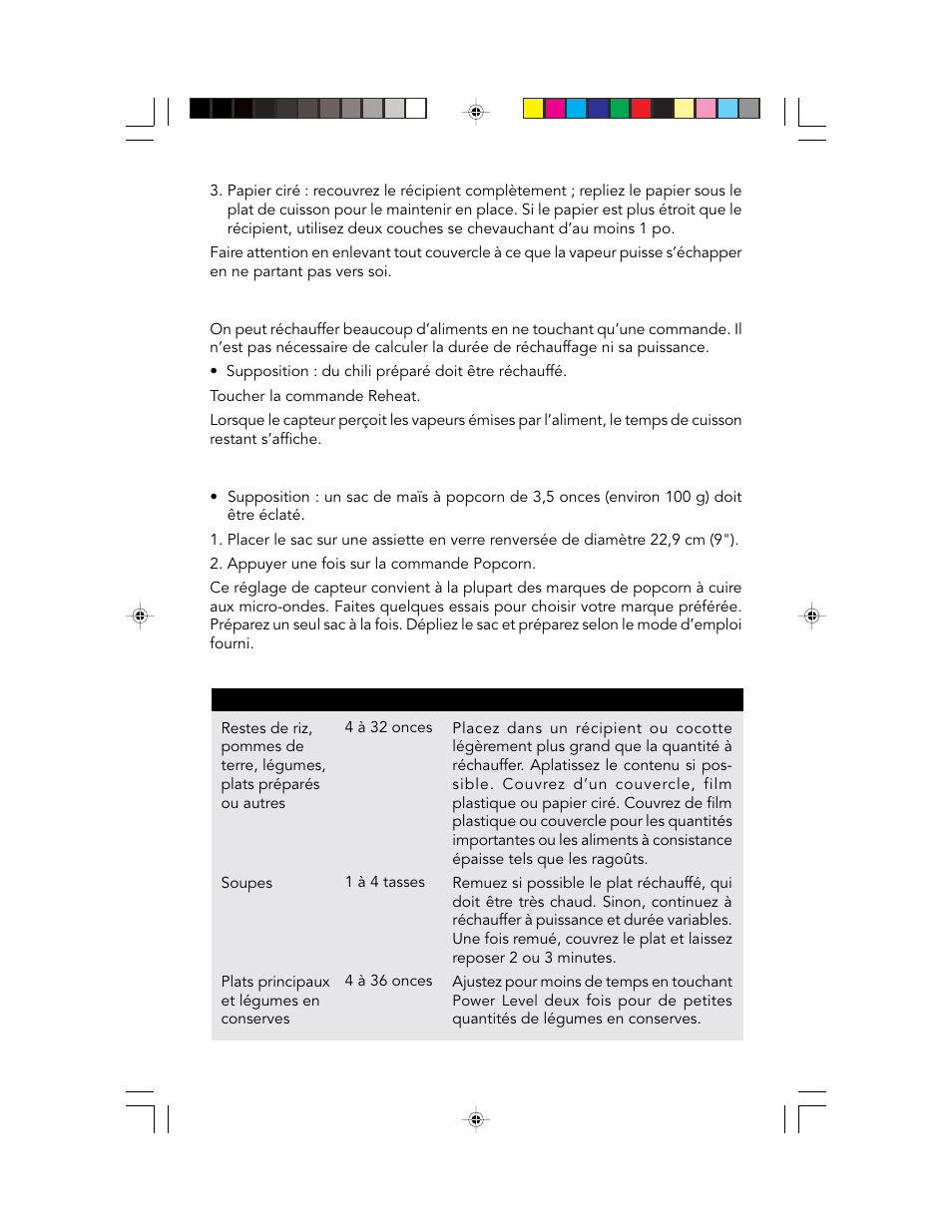 Reheat (réchauffage), Popcorn, Tableau sensor (capteur) | Viking F20303 User Manual | Page 63 / 128