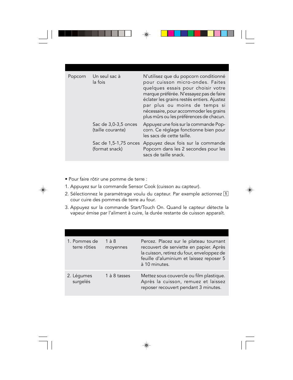 Tableau sensor (capteur - suite), Sensor cook (cuisson au capteur), Tableau sensor cook (cuisson au capteur) | Viking F20303 User Manual | Page 64 / 128