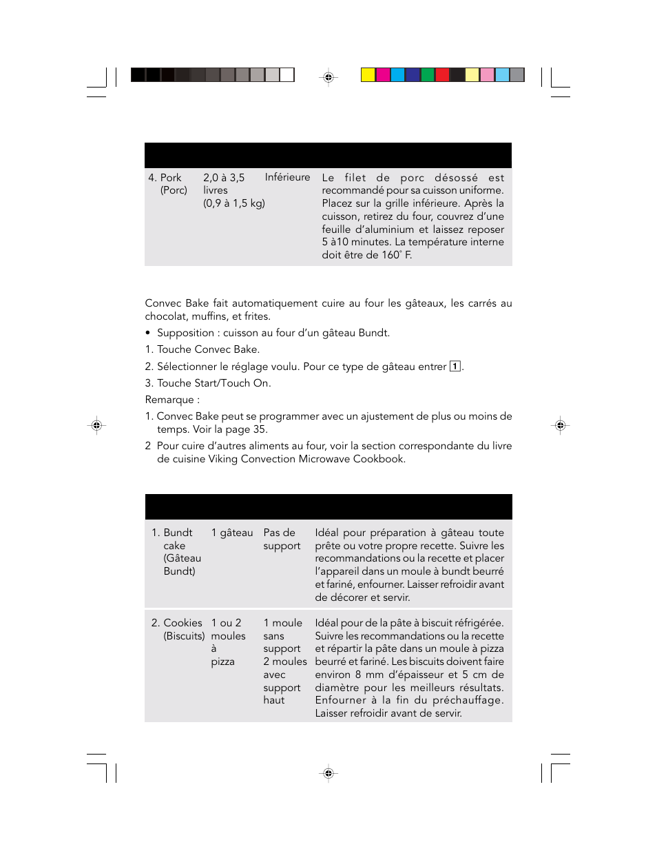 Convec bake, Tableau convec bake, Tableau convec roast (suite) | Viking F20303 User Manual | Page 69 / 128