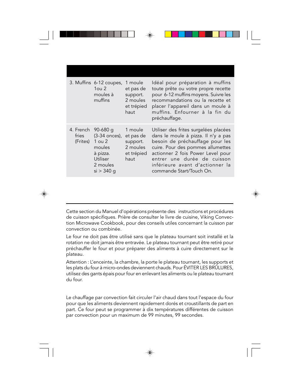 Cuisson par convection/ combinaison automatique, Tableau convec bake (suite), Cuisson par convection | Viking F20303 User Manual | Page 70 / 128