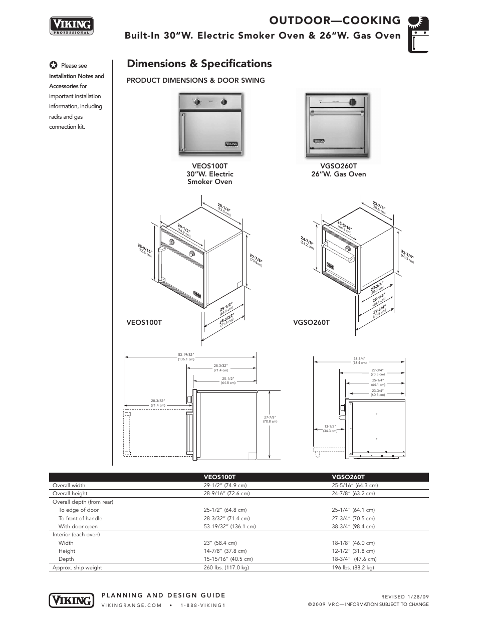 Outdoor—cooking, Dimensions & specifications | Viking VEOS100T User Manual | Page 2 / 5