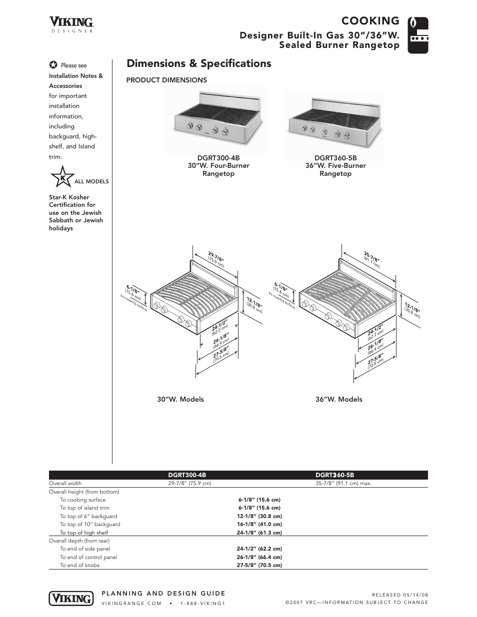 Cooking, Dimensions & specifications, Product dimensions | 30”w. models 36”w. models | Viking DGRT360-5B User Manual | Page 2 / 5
