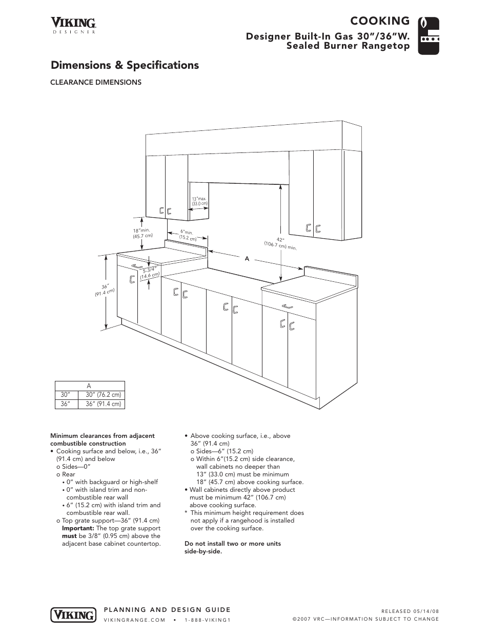Cooking, Dimensions & specifications | Viking DGRT360-5B User Manual | Page 3 / 5