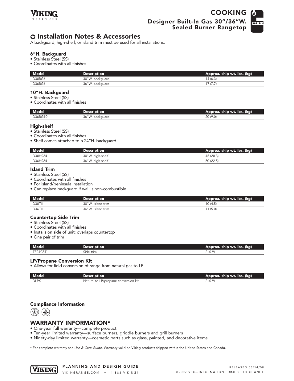 Cooking, Warranty information | Viking DGRT360-5B User Manual | Page 5 / 5