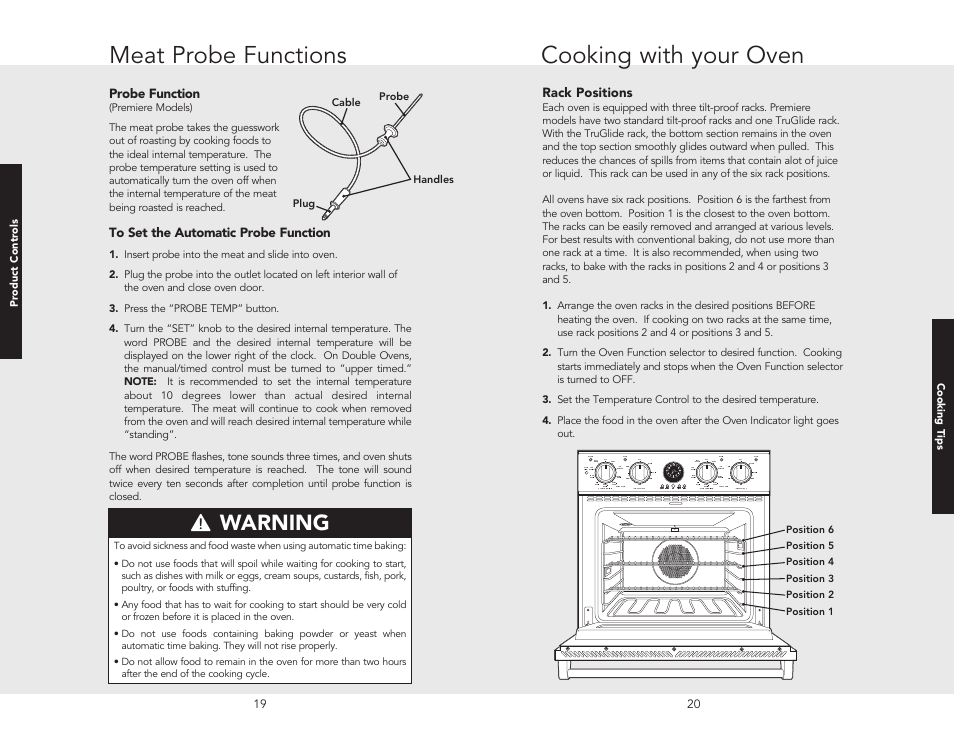 Meat probe functions, Cooking with your oven, Warning | Viking F20362B User Manual | Page 12 / 24