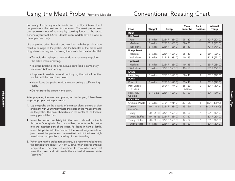 Using the meat probe, Conventional roasting chart | Viking F20362B User Manual | Page 16 / 24