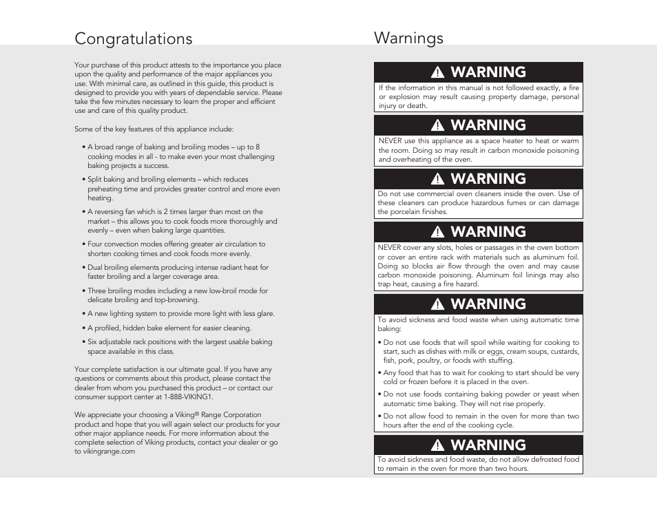 Warnings, Warning | Viking F20362B User Manual | Page 2 / 24