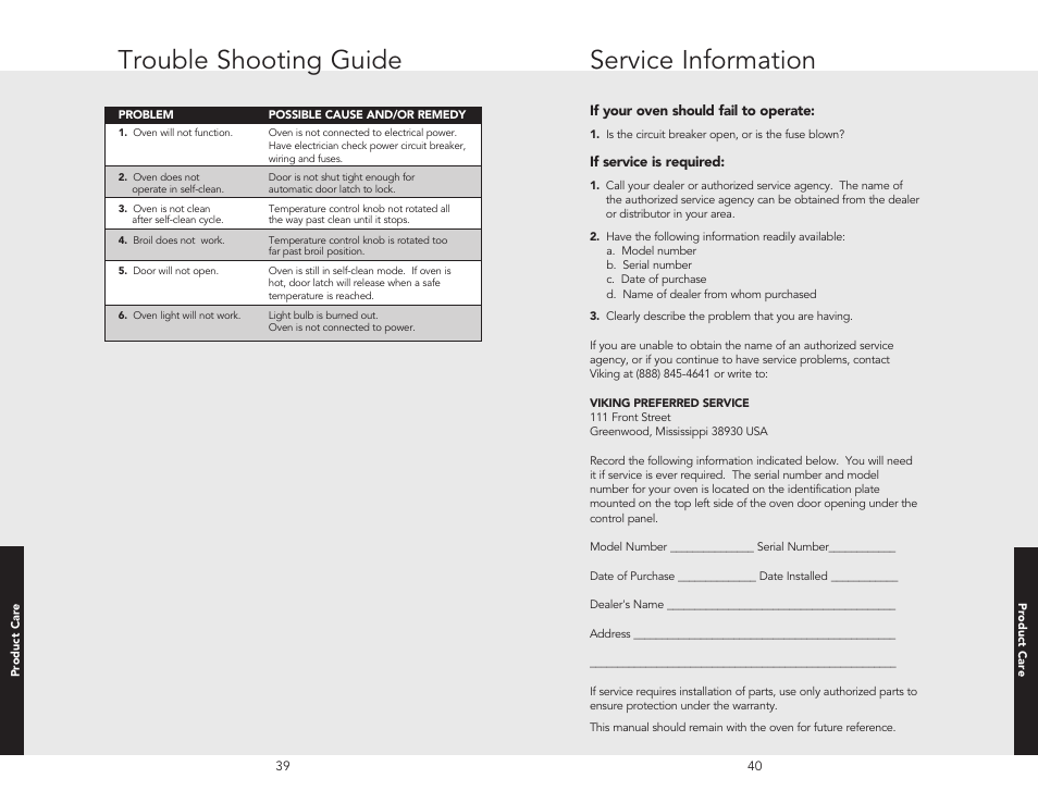 Service information, Trouble shooting guide | Viking F20362B User Manual | Page 22 / 24