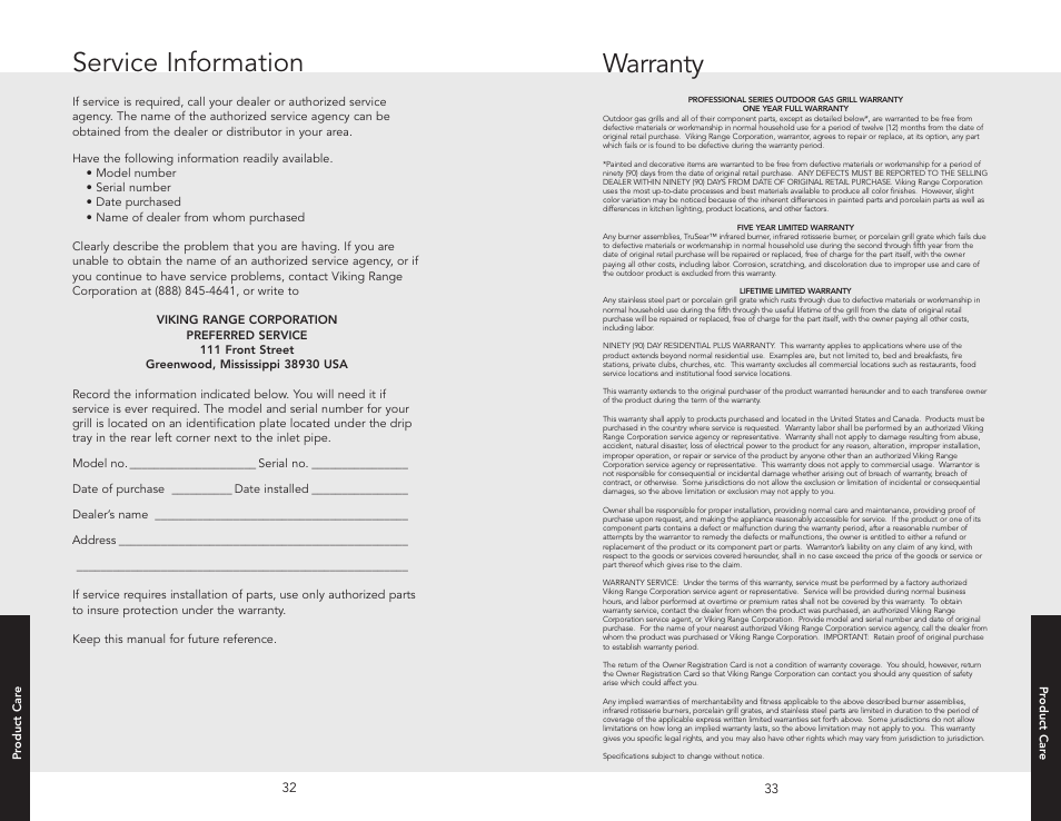 Service information, Warranty | Viking F20455A User Manual | Page 17 / 18