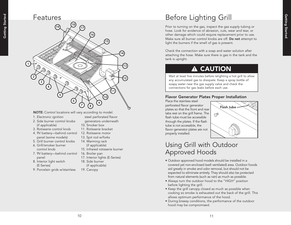 Before lighting grill, Features, Using grill with outdoor approved hoods | Caution | Viking F20455A User Manual | Page 6 / 18