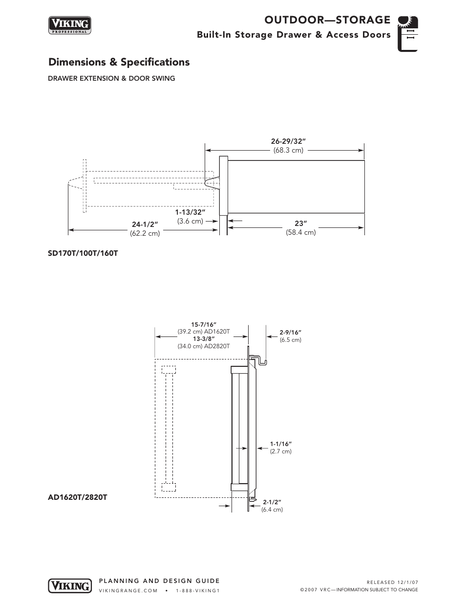 Outdoor—storage, Dimensions & specifications, Built-in storage drawer & access doors | Viking AD1620T User Manual | Page 3 / 5