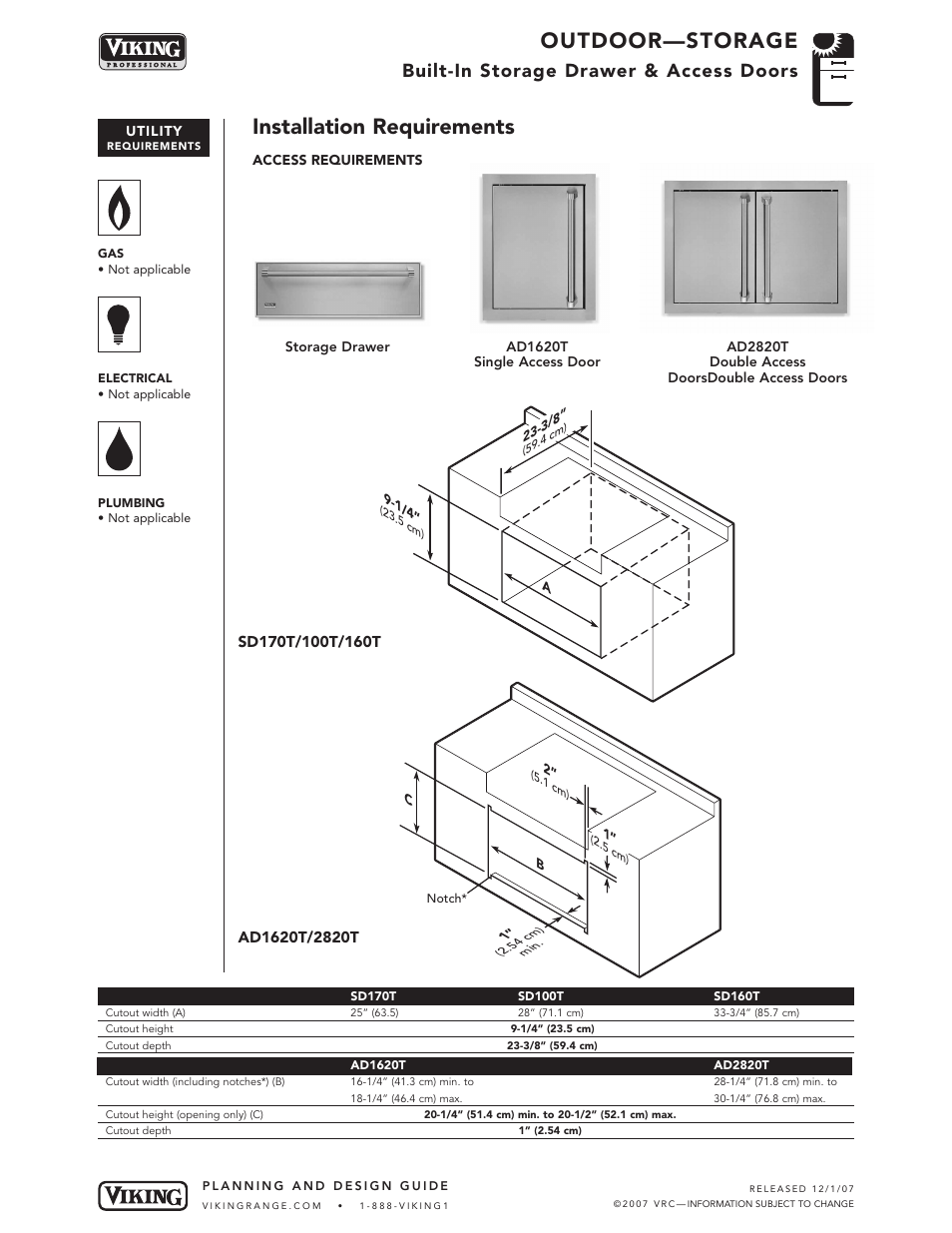 Outdoor—storage, Installation requirements, Built-in storage drawer & access doors | Viking AD1620T User Manual | Page 4 / 5