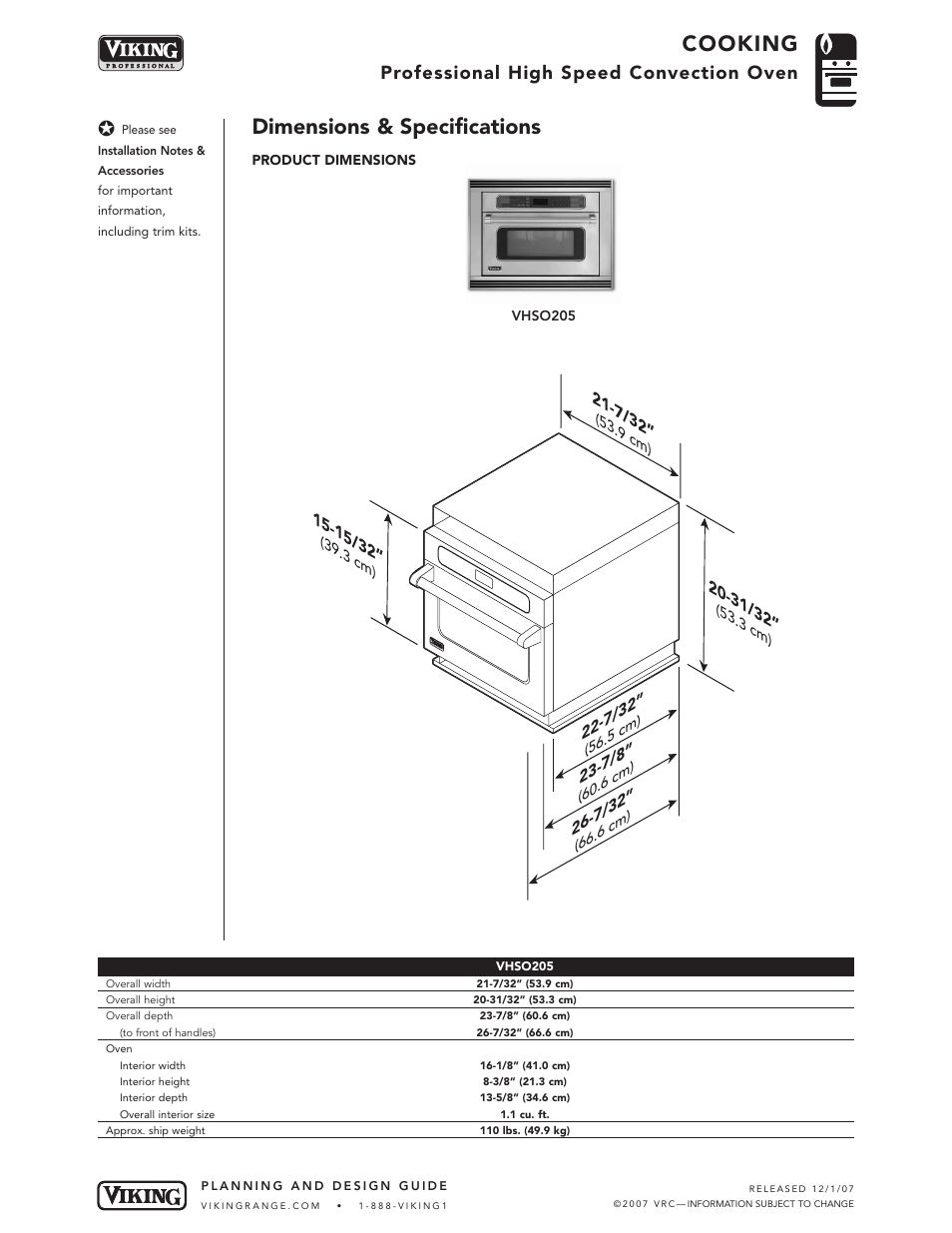 Dimensions & specifications, Cooking, Professional high speed convection oven | Viking VHSO205 User Manual | Page 2 / 4