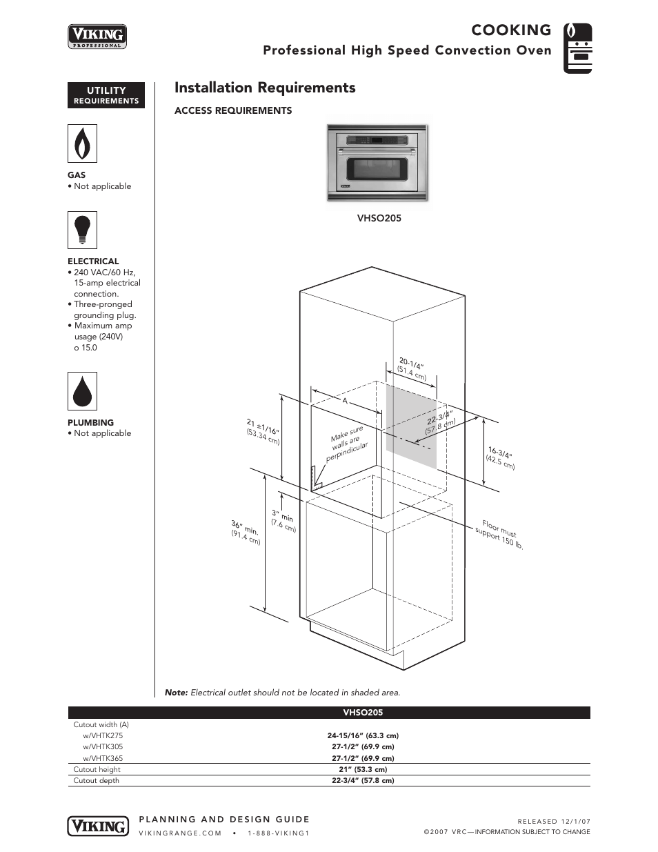 Installation requirements, Cooking, Professional high speed convection oven | Viking VHSO205 User Manual | Page 3 / 4