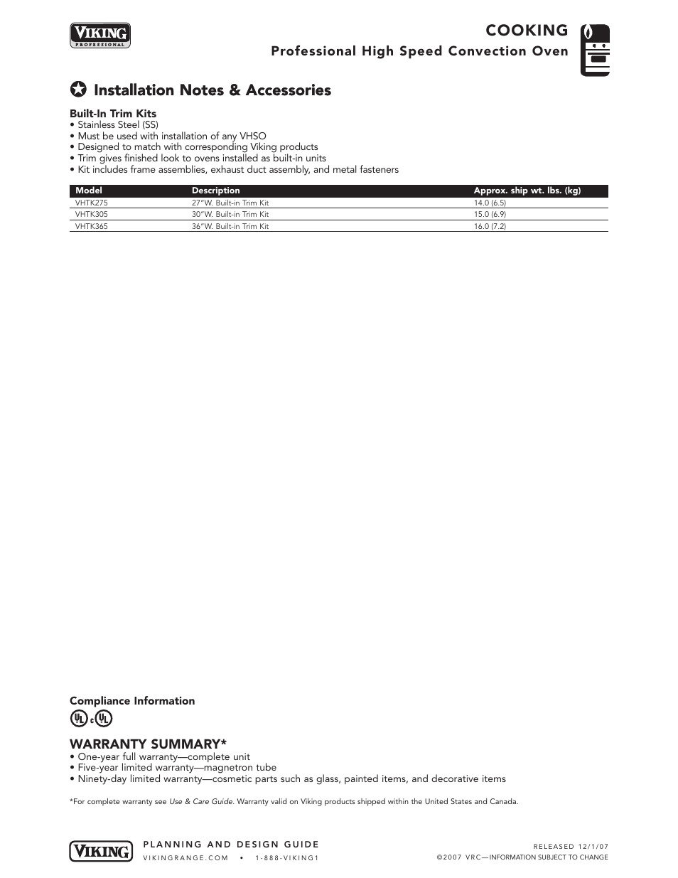 Cooking, Warranty summary, Professional high speed convection oven | Viking VHSO205 User Manual | Page 4 / 4