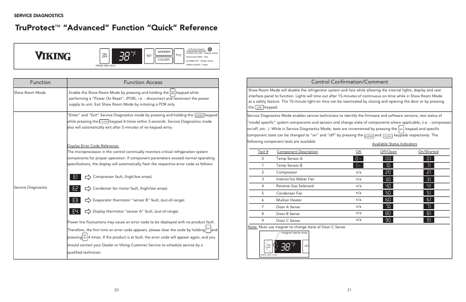 Truprotect, Advanced” function “quick” reference, E1 e2 e3 e4 | Viking Refrigerator Drawer User Manual | Page 11 / 14