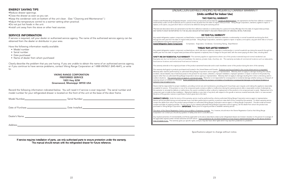 Service information, Energy saving tips | Viking Refrigerator Drawer User Manual | Page 12 / 14