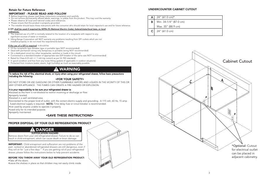 Cabinet cutout, Danger warning, Save these instructions | Viking Refrigerator Drawer User Manual | Page 2 / 14