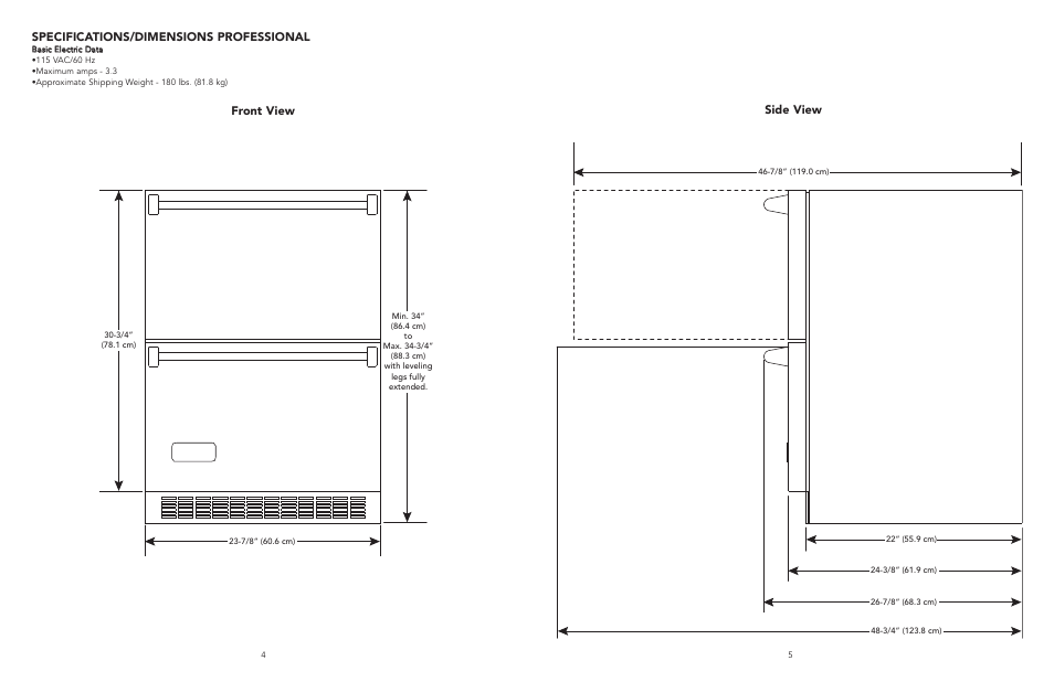 Specifications/dimensions professional, Front view side view | Viking Refrigerator Drawer User Manual | Page 3 / 14