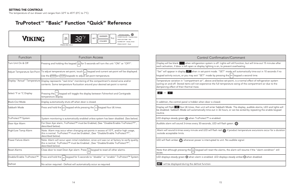 Truprotect, Basic” function “quick” reference, Setting the controls | Viking Refrigerator Drawer User Manual | Page 8 / 14