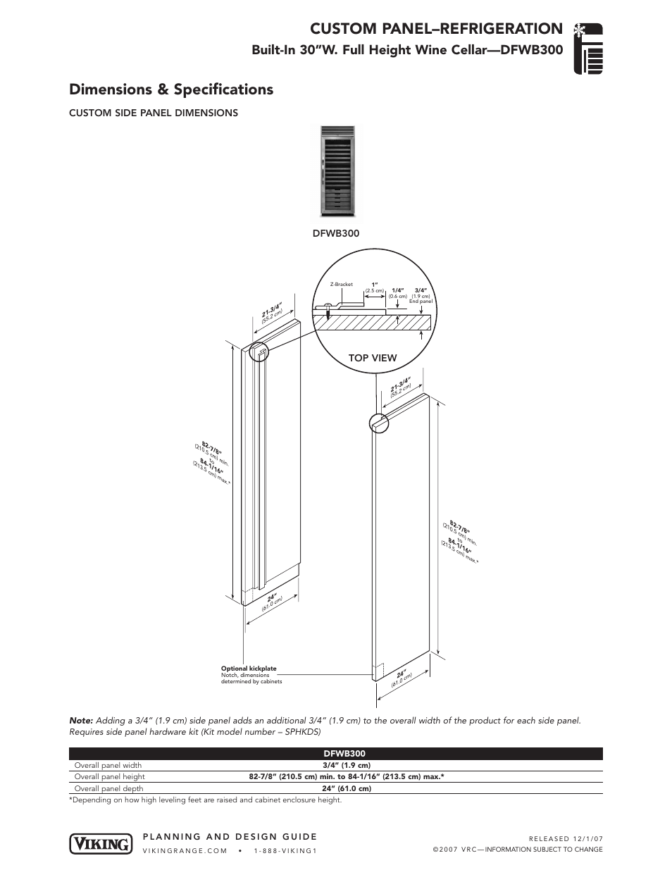 Custom panel–refrigeration, Dimensions & specifications, Custom side panel dimensions dfwb300 top view | Viking DDWB User Manual | Page 2 / 3