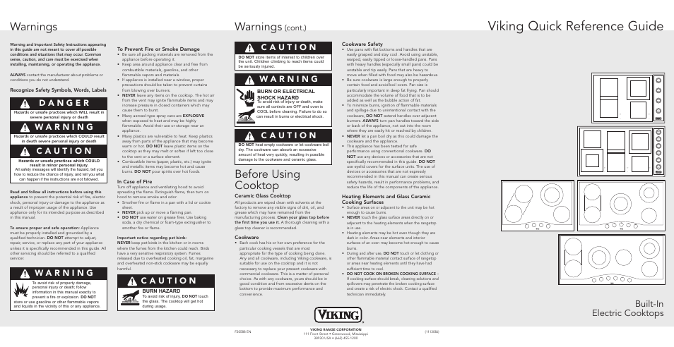 Viking quick reference guide, Warnings, Before using cooktop | Built-in electric cooktops, Cont.) | Viking F20558 User Manual | Page 2 / 2