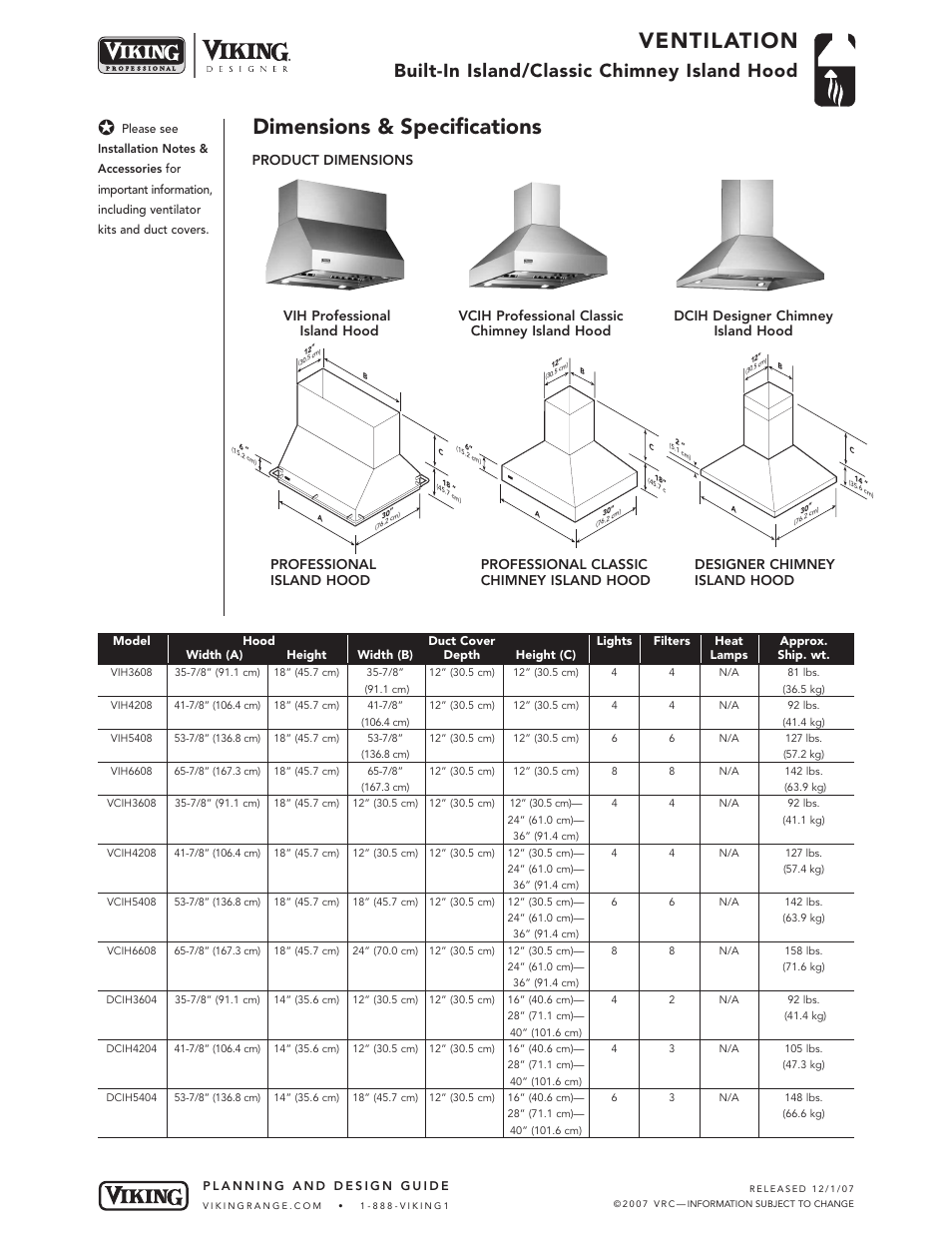 Ventilation, Dimensions & specifications, Built-in island/classic chimney island hood | Designer chimney island hood, Product dimensions | Viking VCIH User Manual | Page 2 / 6