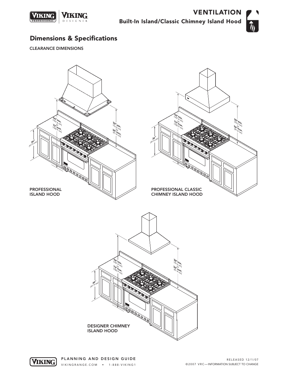 Ventilation, Dimensions & specifications, Built-in island/classic chimney island hood | Clearance dimensions | Viking VCIH User Manual | Page 3 / 6