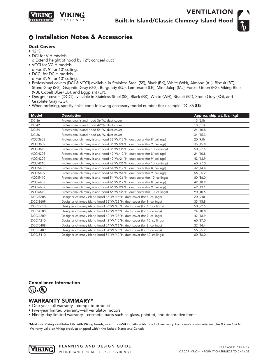 Ventilation, Built-in island/classic chimney island hood, Warranty summary | Duct covers, Compliance information | Viking VCIH User Manual | Page 6 / 6